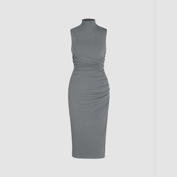 Solid High Neck Ruched Sleeveless Midi Dress - Picture 5 of 5